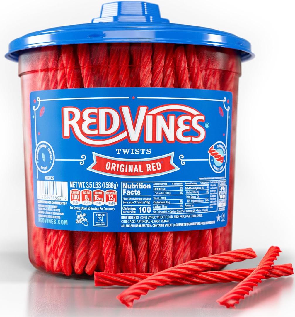 Red Vines Licorice Candy Original Red Flavor Soft Chewy Candy Twists, Red Licorice 3.5 Lb Jar (EXP 08/13/26)