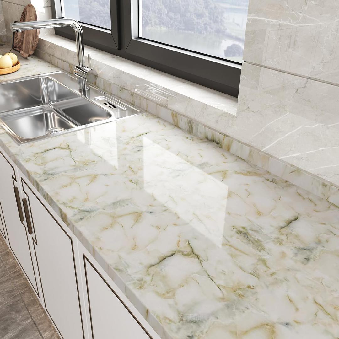 Light Green Marble Granite Wallpaper Thick Glossy 16x354inch Peel Stick Countertop Contact Paper Waterproof Self Adhesive Vinyl Decorative Film