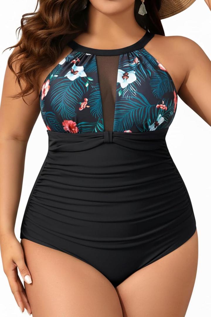 Aqua Eve Plus Size Swimsuit Women One Piece Swimsuit Tummy Control High Neck Bathing Suit Ruched Swimwear (Black Floral) 22W