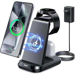 Wireless Charger for Samsung Phones Watch Earbuds(Not for Z Flip & A Serie-Phone),SWIO 3 in 1 Charging Station for Galaxy Watch 7/Ultra/6/5/4/3,S25 S24 S23 S22 S21 S20/Note 20 10/Z Fold 4 3,Buds/2/Pro (Black)