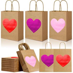FOGWOWO 24 Pcs Valentines Gift Bags Gold Foil Valentines Day Bags Pink Red Heart Gift Bags Kraft Paper with Handles Candy Chocolate Goodie Bags for Wedding Birthday Holiday Party Wrapping Supplies