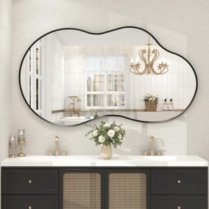 60x32 Black Matte Irregular Wall Mirror, Large Black Asymmetrical Bathroom Mirror, Decorative Aluminum Frame for Bathroom Bedroom, Shatterproof, Anti-Rust (Horizontally/Vertically) (Black/Cloud-shaped)
