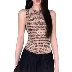 WDIRARA Women's Letter Graphic Sheer Tank Top Sleeveless See Through Fitted Tops, (Large)