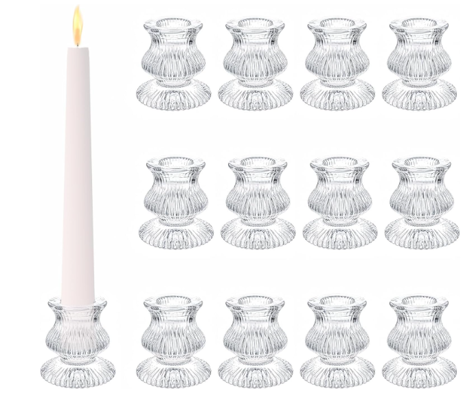 12 Pcs Tapered Candlestick Holders Small Short Taper Candle Holders Bulk Glass Candle Holder for Wedding, Table Centerpiece, Home Decoration (Stripe Pattern)