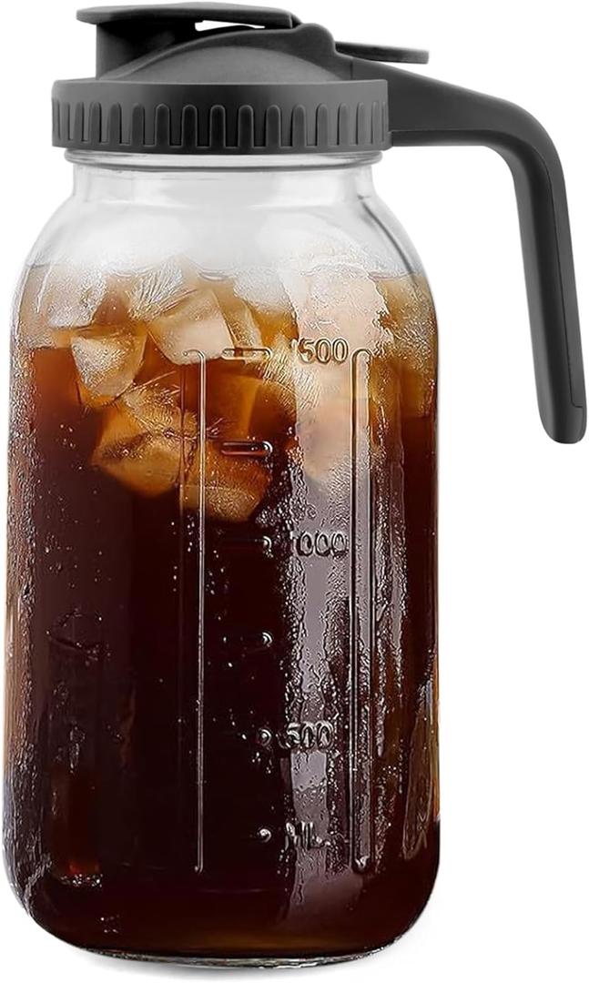 64 Oz Glass Pitcher with Lid, 2 Quart Heavy Duty Cold Brew Pitcher, Leak-Proof, Wide Mouth Mason Jar with Pouring Airtight Lid,Ideal for Fridge Storage (Black)