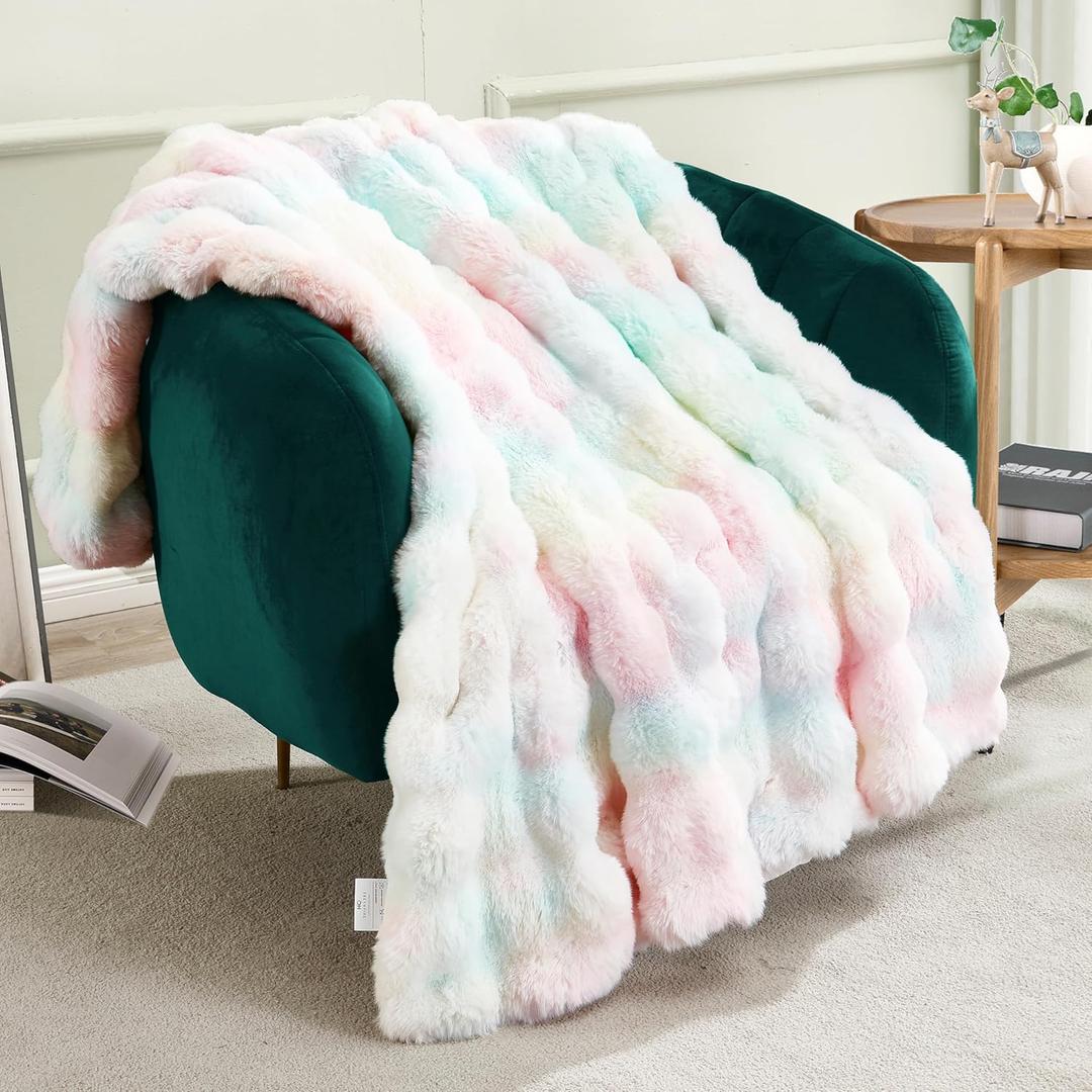 JONIYEAR Decorative Colorful Bubble Faux Rabbit Fur Throw Blanket 50" x 60", Thick Pastel Textured Warm Fluffy Blanket for Winter, Luxury Shag Cute Cozy Fuzzy Furry Lap Blankets for Couch Women, Rainbow (Travel/Throw Size - 50" x 60", Colorful Rainbow - 900gsm)