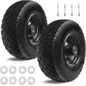 12'' Flat Free Tires Rubber Replacement Solid Tire, 2.1" Offset Hub Wheel Assemblies for Garden Cart Wheelbarrow, 3.5" Wide Polyurethane Tires with 5/8 Inch Axle Bore Hole (410/350-6)
