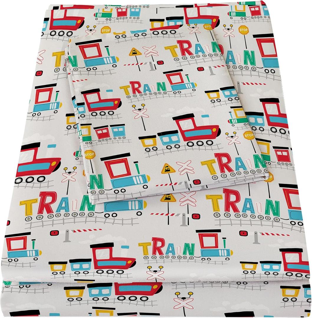 Boys Twin Sheets, Kids Train Soft Microfiber Twin Sheets & Pillowcases with Elastic Corner Straps, Red Blue