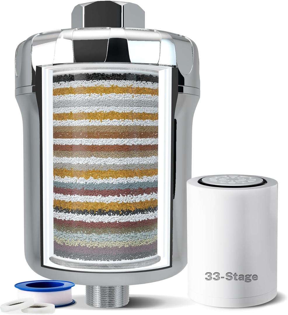 Ispring 33-Stage High Output Shower Filter, Universal Shower Head Filter for Hard Water, 99% Removal of Heavy Metals, Chlorine & Sediment - Chrome (SF1S)