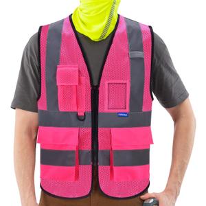 A-SAFETY High Visibility Mesh Safety Reflective Vest with Pockets and Zipper,Hi Viz Work Vest for Men Women (Pink Mesh S)