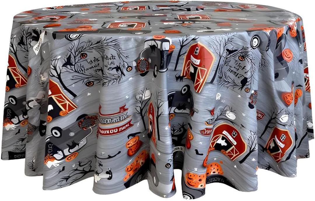 Newbridge 70 Inch Round Haunted Halloween Rustic Ghost Farm Vinyl Tablecloth with Flannel Backing, Haunted Barn and Pumpkin Truck Halloween Design, Easy Care Wipe Clean Table Cover
