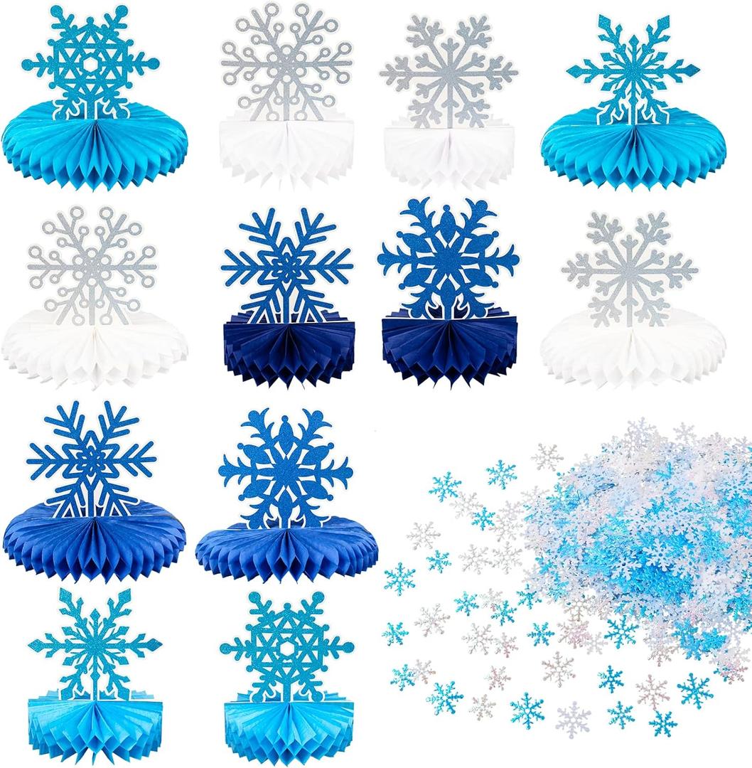 Frozen Winter Wonderland Party Decorations - 18Pcs Blue White Snowflake Honeycomb Table Centerpieces and 600pcs Snowflake Confetti for Christmas Holiday Winter Birthday Baby Shower Party Supplies