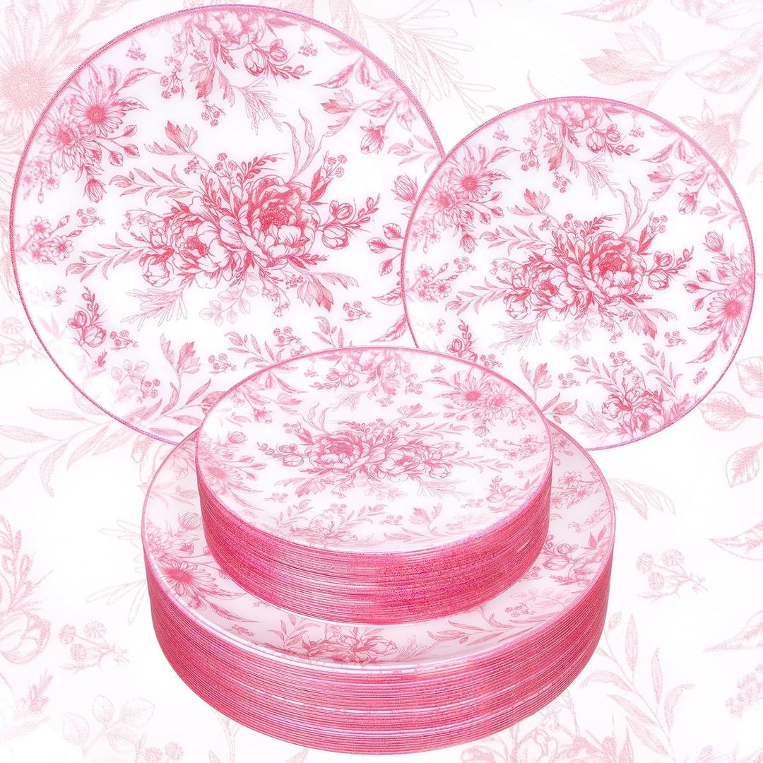 60PCS Pink Plastic Plates - Elegant Pink Floral Plate - Heavy Duty Flower Plate Disposable Include 30 Dinner & 30 Dessert Plates for Bridal Shower Wedding Spring Party