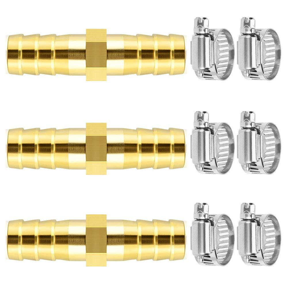 BlingKingdom 3pcs 3/8"(10mm) Hose Repair Kit Hose Connector Barb Splicer Mender Hose Brass Barb Fitting Watertight Straight Hose Barb Connector with 6pcs Stainless Steel Pipe Clamp for Water/Fuel/Air