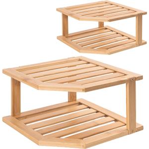 VERTORGAN Bamboo Corner Shelf(2 Pack),2 Tier Plate Organizer for Cabinet and Countertop,Pantry Dish and Spice Rack for Kitchen