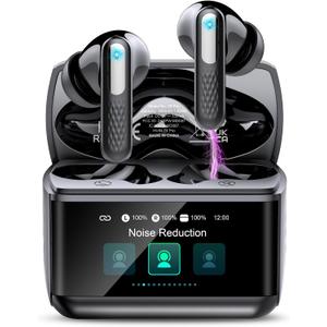 Wireless Earbuds with Touch Screen, Transparency Mode, IPX7 Earphones, Dark Black