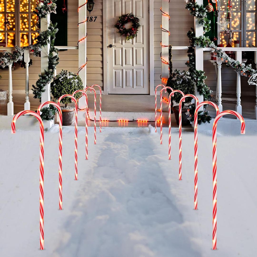 Joiedomi 28" Christmas Candy Cane Pathway Markers, 12 Packs Pinstripe Yard Decor with 108 Warm White Lights for Indoor and Walkway Outdoor Decorations