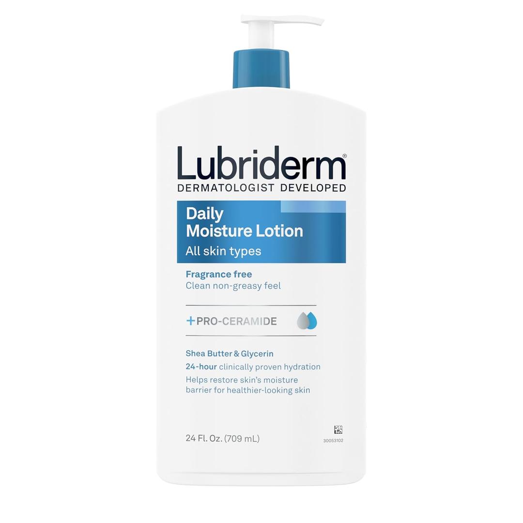 Lubriderm Fragrance Free Daily Moisture Lotion + Pro-Ceramide, Shea Butter & Glycerin, Face, Hand & Body Lotion for Sensitive Skin, Hydrating Lotion for Healthier-Looking Skin, 24 fl. oz Lubriderm Fragrance Free Daily Moisture Lotion + Pro-Ceramide, Shea Butter & Glycerin, Face, Hand & Body Lotion for Sensitive Skin, Hydrating Lotion for Healthier-Looking Skin, 24 fl. oz