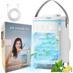Portable Air Conditioners, SMLEGFT Evaporative Air Cooler with 3 Speeds & 2/4/6/8H Timer, 7 Color Light & 900ml Large Tank, Dual Mist Spray & Dual Icebox, Personal Air Conditioner for Bedroom Office