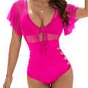 Blooming Jelly Women's One Piece Swimsuit Tummy Control High Waisted Mesh Bathing Suit with Triangle Bikini Top (Hot Pink)