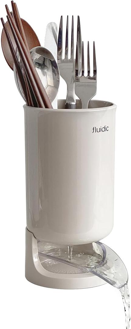 Carrotez Utensil Drying Holder for Kitchen Counter, Self Draining, Small Utensil Cutlery Flatware Silverware Holder Drainer Cup, Beige, 1 ea