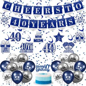 Blue 40th Birthday Decorations for Men Women Blue Silver 40th Birthday Banner Hanging Swirls Navy Blue 40th Birthday Balloons Happy 40th Birthday Cake Topper for Men Women 40th Birthday Party Supplies