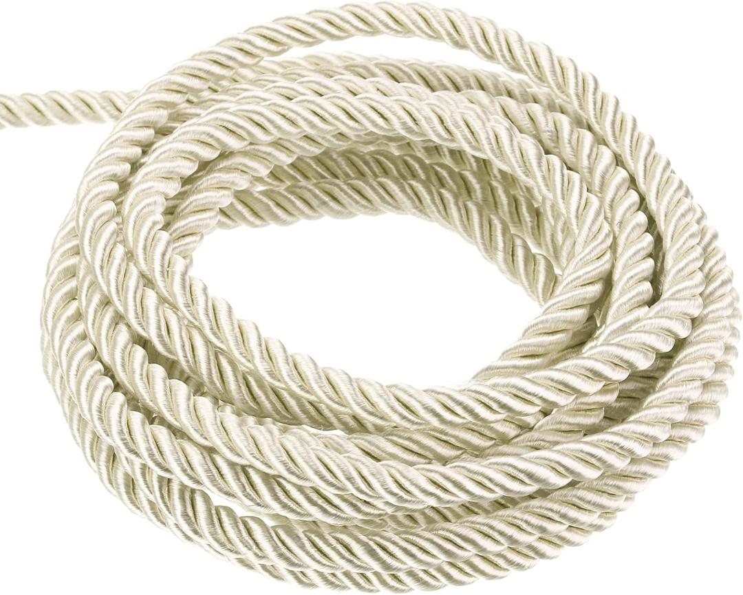 MECCANIXITY Twisted Cord Trim, 5 Yard 3mm 3-Ply Twine Braided Rope Shiny Thread String for Craft Gift Bag Curtain Christmas Decor, Cream White - 5m