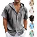 Chicaressence Linen Shirts for Men,Casual Button Down Shirt Men,Cotton Linen Hooded Short Sleeve Shirt in Beach Summer (US, Alpha, Medium, Regular, Regular, Grey(Short Sleeve))
