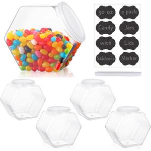 Atarvana Plastic Candy Jars 30oz Set of 4 with 8 Pcs Label Stickers & 1 Pen, Hexagon Candy Containers with Airtight Lids for Candy Buffet, Kitchen Storage Containers Set