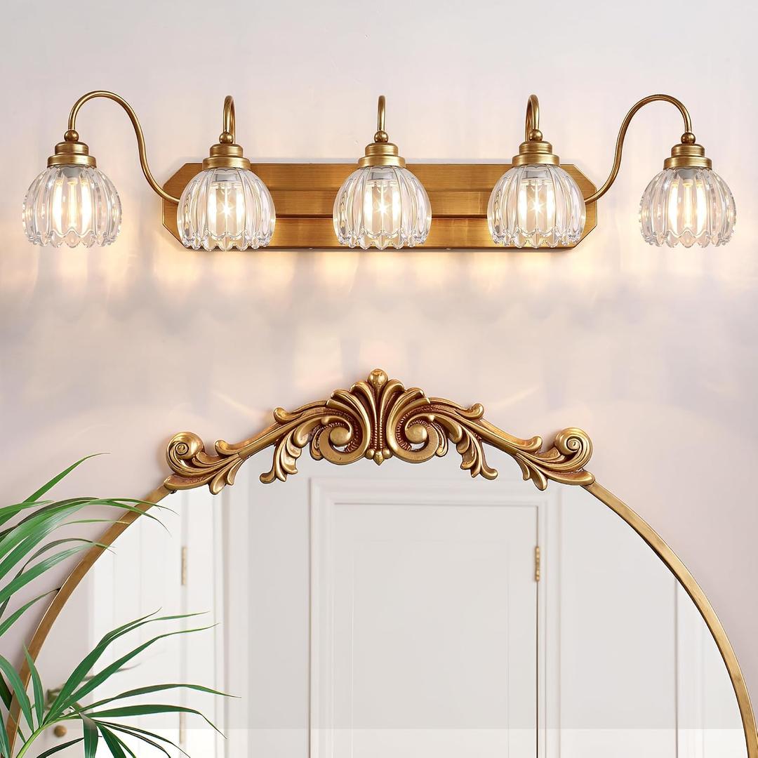 Gold Vanity Light, Vintage Bathroom Light Fixtures, 5-Light Matte Antique Brass Finish with Crystal Glass Shade, Mid Century Style Wall Sconces for Bedroom, Living Room