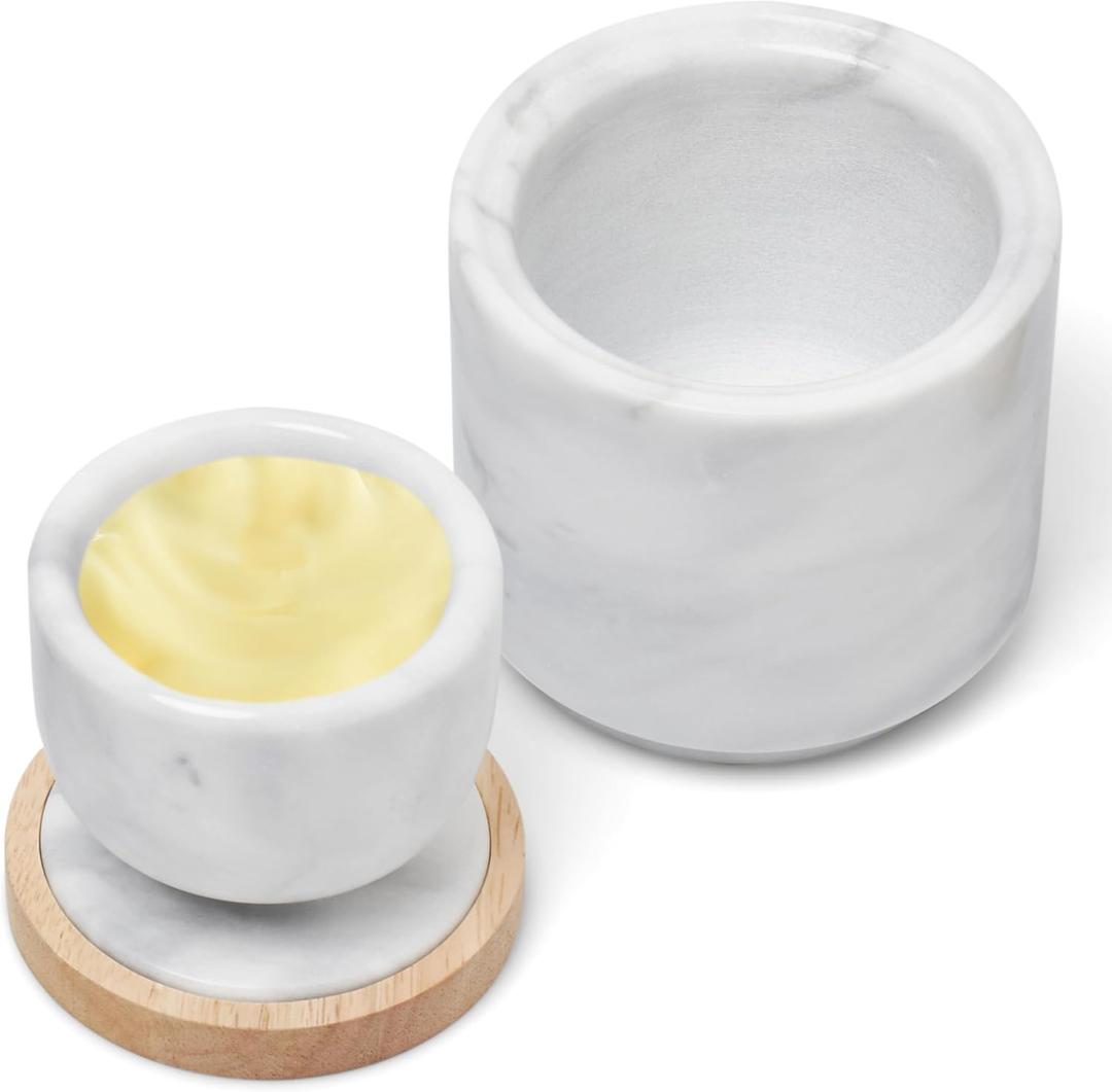 Libken French Butter Crock Marble Butter Keeper with Real Marble and Wood, Easy to Clean, Versatile Storage, Effortless Freshness, 135ml Capacity Airtight Water Seal, Keeps Butter Fresh & Spreadable