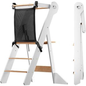COSYLAND Foldable Toddler Standing Tower - Adjustable Height Folding Step Stool Kids Toddler Kitchen Stool for Learning and Cooking - Ages 18 Months to 6 Years with Safety Net Natural & White
