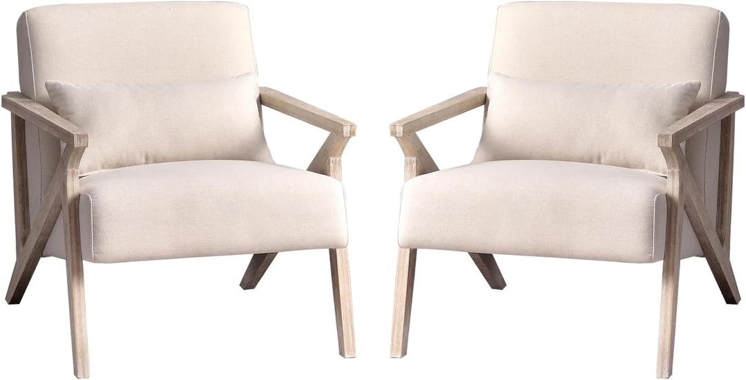 Phoenix Home Accent Chair Mid-Century Modern Chair Set of 2, Upholstered Lounge Arm Chair with Wood Frame & Soft Cushion for Living Room, Reading Armchair for Bedroom, Beige