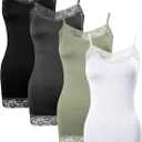 Bencailor 4 Pack Women's Long Tank Tops, Lace Camisole Neck Cami Adjustable Spaghetti Strap Undershirts for Women (XX-Large, Black, White, Grey, Green)