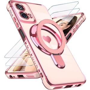 Compatible with Motorola Moto G 5G 2024 Love Heart Kickstand Case with Screen Protector: Luxury Plated Gold Edge Slim Soft TPU Shockproof Protection Case Cover for Moto G 5G 2024 (Pink)
