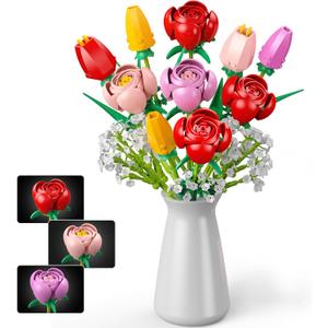 Flower Bouquet Building Set, 680PCS Tulip & Rose Block Kit for Adults & Kids Ages 6+, DIY Floras for Home Office Decor, Birthday, Valentine's Day & Mother's Day