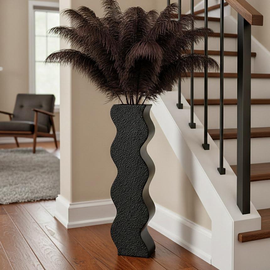 Modern Black Wave Floor Vase, 23.6 Inch Tall Decorative Vase for Large Pampas Grass, Feathers, Dried Flowers, Home Decor for Living Room, Fireplace Mantel, Bedroom - Resin Vase