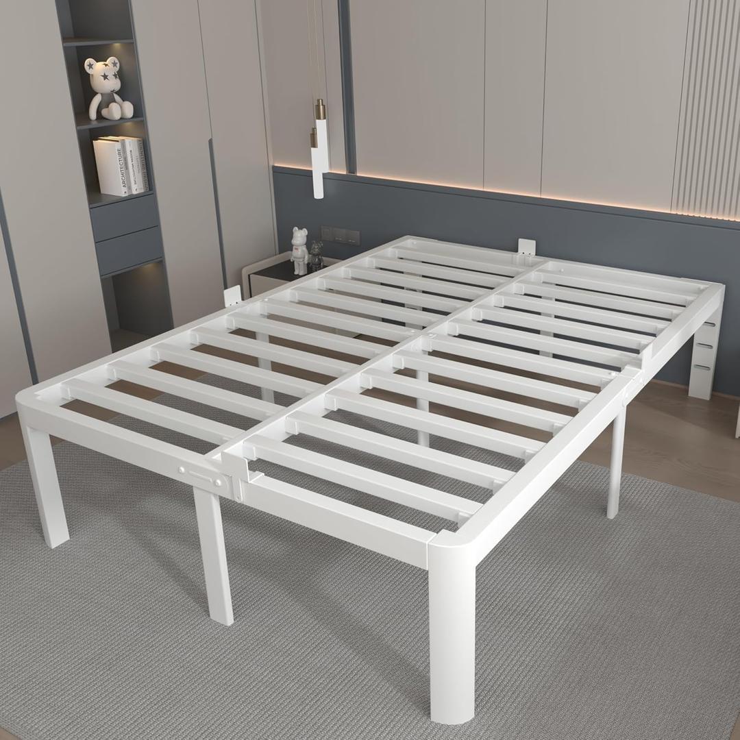 16 Inch White Bed Frame Queen Size, Metal Platform Queen Bed Frame with Anti-Slip Baffles, No Box Spring Needed, Heavy Duty Steel Support, Round Corner Legs, Noiseless, Storage Space