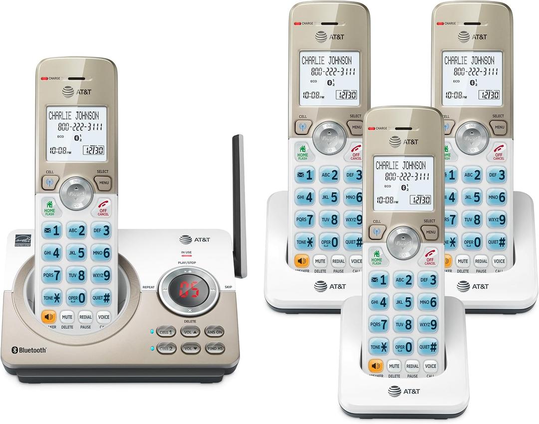 AT&T 4-Handset DECT 6.0 Expandable Cordless Home Phone with Large Display, Big Buttons, Answering Machine, Smart Call Blocker, Bluetooth Connect to Cell, Long Range, Caller ID, Speakerphone: DL72419