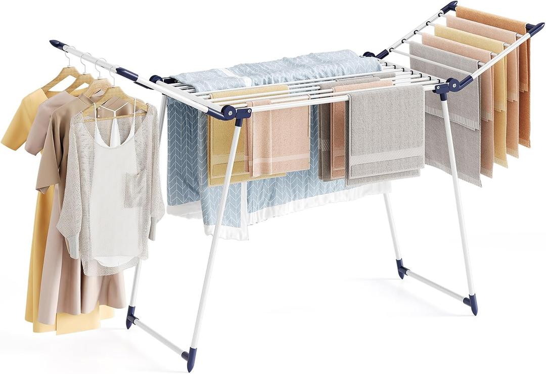 APEXCHASER Clothes Drying Rack Foldable, Large Drying Rack Clothing, Winged Laundry Rack Folding Indoor Outdoor, Metal Clothes Airer for Bedding Towel Sweater Heavy Duty, 68.9" X 22" X41.3", White