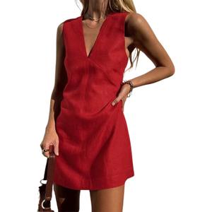 CHARTOU Women's Summer Sleeveless Mini Dress Cotton Linen V Neck Cinched A Line Slim Tank Short Dress (Medium, Red)