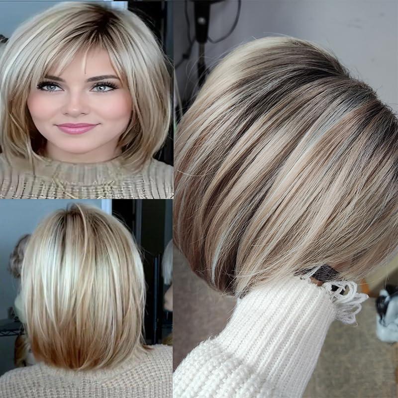 Elegant Short Blonde Bob Wigs for Women Natural Layered Straight Hair Synthetic Wig with Bangs Ombre Blonde Highlight Bobo Haircuts Daily Party Wig