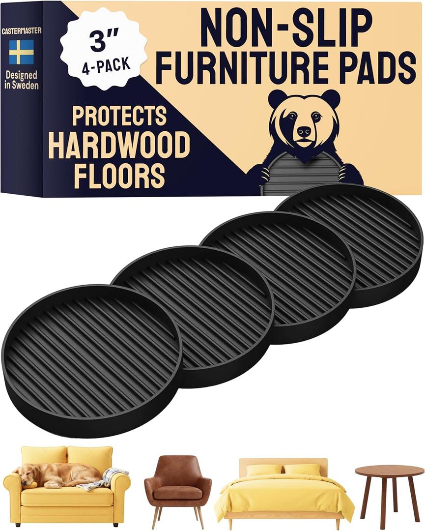 CasterMaster Non Slip Furniture Pads 3 Inch - Rubber Chair Leg Floor Protectors for Hardwood - Round Caster Cups & Couch Stoppers - Heavy Duty Feet Grippers (Black, Set of 4)
