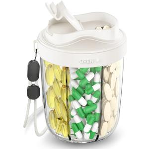 Large Pill Dispenser to Store 7 Various Supplements - Pill Organizer & Supplement Organizer for Travel, Anti-Mixing Design, with Strap & 20 Sticky Labels Off-White