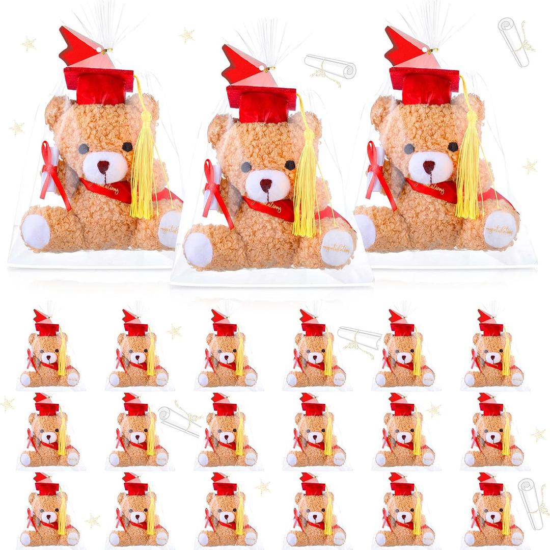 Poen 18 Pack Graduation Stuffed Animals Bears 2026 Bulk 4 Inch Bears Kindergarten Graduation Gifts Small Stuffed Toys with Diploma Hat Cards for Class of 2026 Preschool Students(Red)