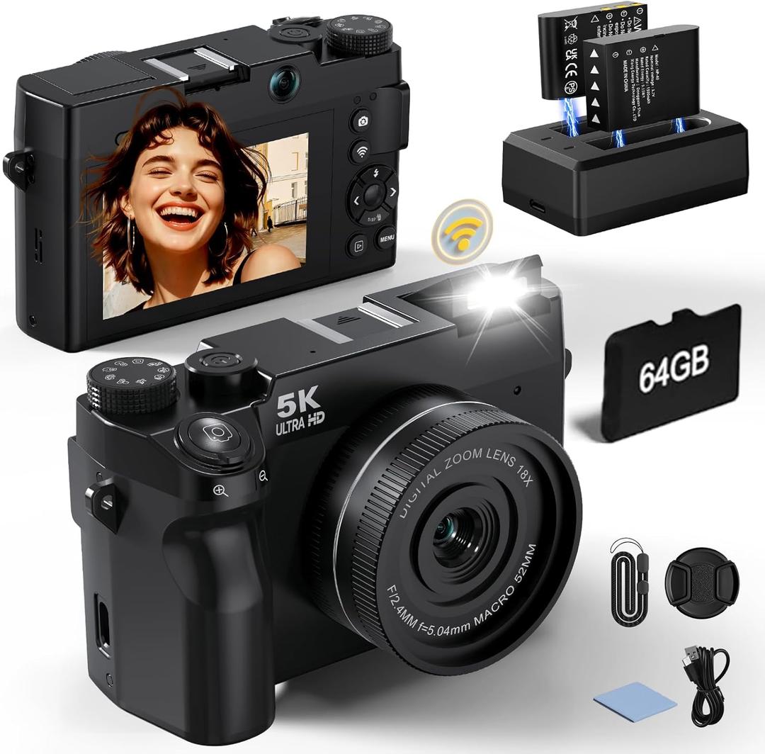 5K 75 MP Digital Camera for Photography with 18X Zoom, WiFi Autofocus Vlogging Camera with UHD Dual Lens, 64GB Card Point and Shoot Travel Cameras for Beginner and Teen 1 Charge for 2 Batteries, Gift (Normal)