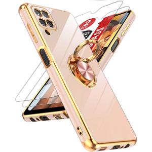 LeYi for Samsung Galaxy A12 Phone Case: with Tempered Glass Screen Protector [2 Pack] 360 Rotatable Ring Holder Magnetic Kickstand, Plating Rose Gold Edge Cell Android Case Cover A 12, Pink