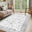 5x7 Area Rug Print Washable for Living Room Low Pile Non Slip Soft Thin Carpet Boho Vintage Floral Rug Stain Resistant for Bedroom Dining Room Kitchen Playroom Greywhite (Grey/White)