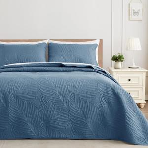 Exclusivo Mezcla Queen Quilt Bedding Set, Lightweight Bluish Grey Quilts Queen Full Size for All Seasons, Soft Microfiber Bedspreads Coverlets Bed Cover with Leaf Pattern, 3 Piece