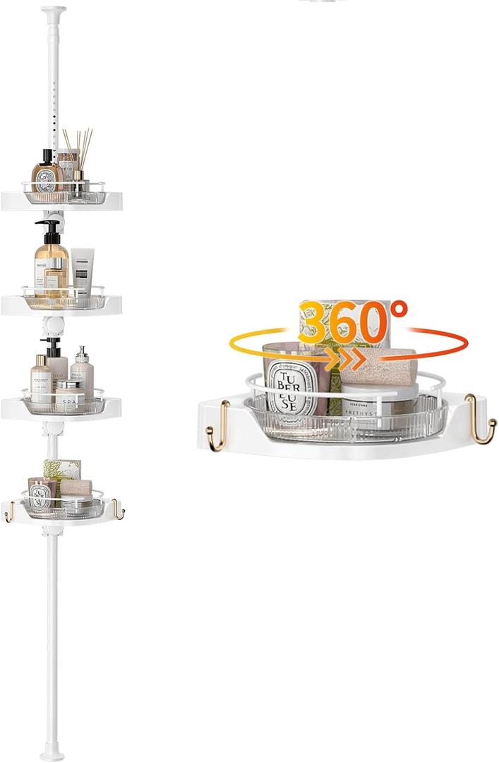 Shower Caddy Tension Pole with 4 L-Lazy Susan Organizer 360 Rotating 35-128 Inch No Drilling Floor Standing Shelves Adjustable Shower Rack for Bathroom Corner (White) (4 Tier-Rotation)
